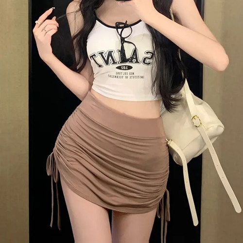 抽绳褶皱运动半身裙女春夏年大码mm辣妹性感修身显瘦包臀a字裙裤