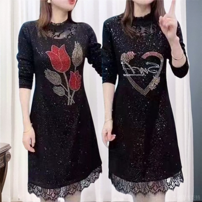 秋冬洋气高端减龄气质小个子加绒加厚配大衣中长款打底蕾丝连衣裙