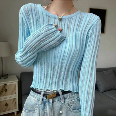 小个子薄款镂空长袖针织衫女