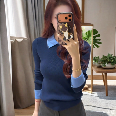 学院风撞色假两件毛衣针织衫女春秋冬装polo领修身内搭打底衫上衣