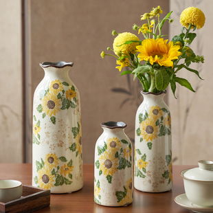 新中式陶瓷花瓶向日葵冰裂釉面客厅软装饰品宋式复古插花水养鲜花