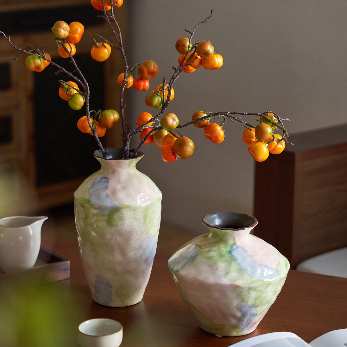 景德镇油画风陶瓷花瓶彩色冰裂纹高级感复古客厅软装饰品摆件中古图片