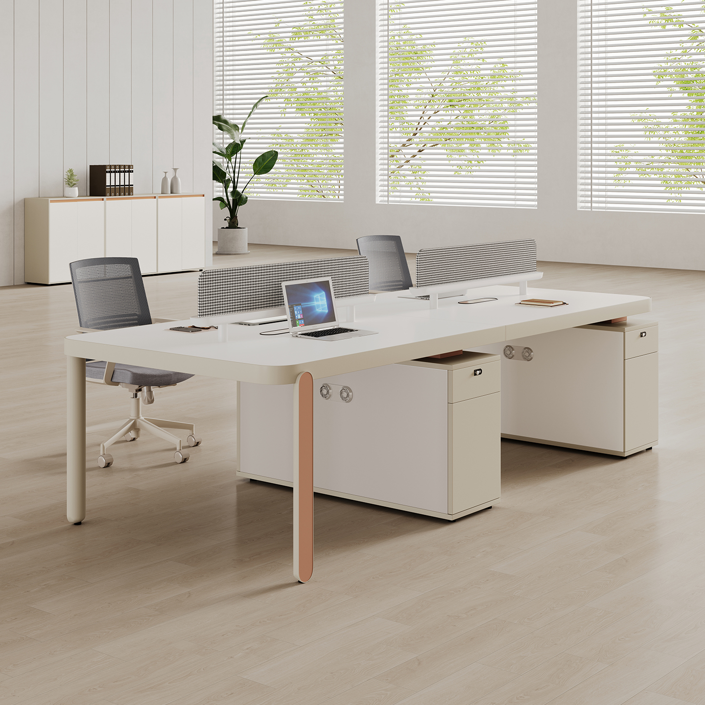 轻奢简约职员现代办公桌2/4/6人位员工位奶油风办公室桌椅组合