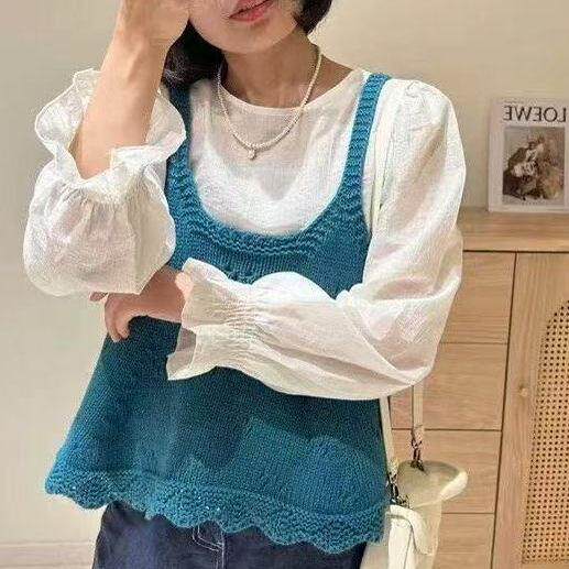 MONLOUVE小香风红色镂空针织吊带背心叠穿衬衫上衣两件套装女早秋