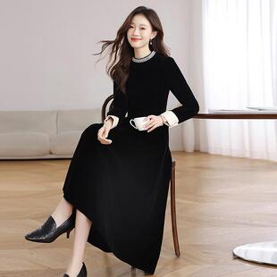 MONLOUVE法式黑色丝绒连衣裙女秋冬季2025新款气质轻奢高级感长袖
