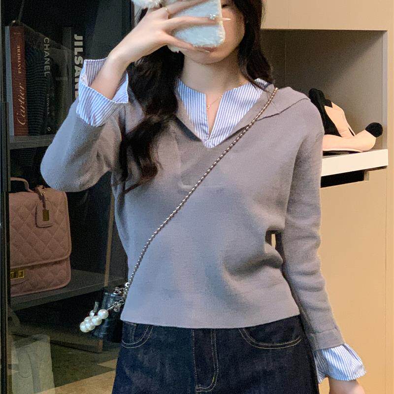 MONLOUVE时尚领撞色长袖针织衫女秋季2025新款显瘦高级感假两件上