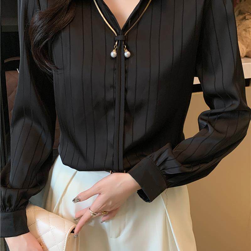 MONLOUVE高级条纹衬衫女秋季新款韩版设计感小众洋气上衣百搭雪纺