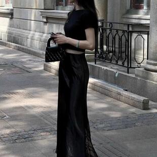 MONLOUVE法式高级感蕾丝拼接黑色半身裙女夏季高腰显瘦中长包臂裙