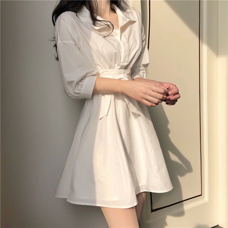 白色衬衫连衣裙女夏季连衣裙短款束腰连衣裙气质收腰裙宫廷风衬衫