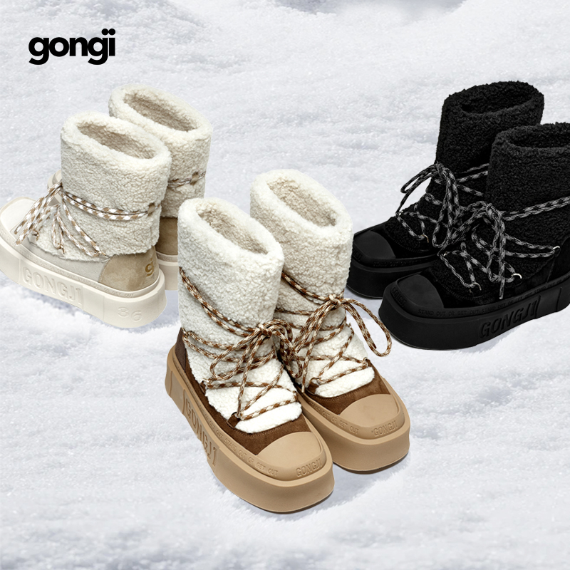 【胡可推荐】GONGJI厚底雪地靴女冬季外穿防滑加绒加厚保暖毛靴