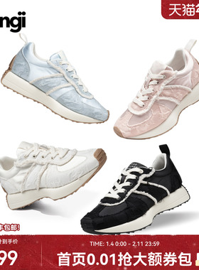 GONGJI厚底阿甘鞋女透气休闲芭蕾运动鞋方头轻便老爹鞋缎面德训鞋