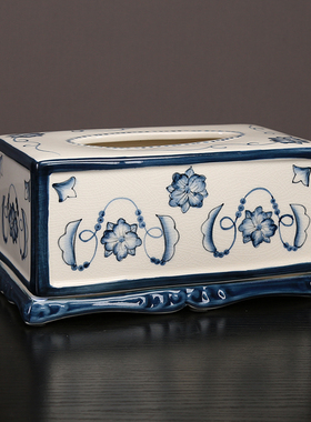 新中式创意陶瓷彩绘纸巾盒烟灰缸摆件客厅茶几样板间青花瓷抽纸盒
