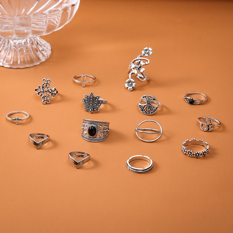 Cross-border hot Lotus Black Stone ring set热销流行戒指14件