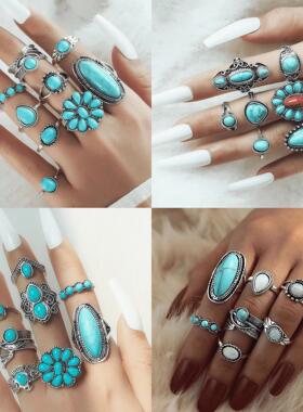 Ethnic style turquoise carved fashion ring jewelry for women