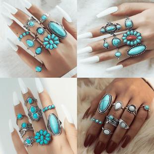 Ethnic style turquoise carved fashion ring jewelry for women