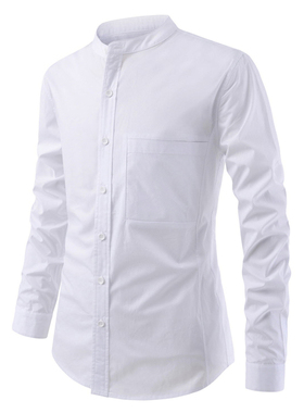 外贸速卖通wish男衬衣红色 男士立领口袋修身长袖衬衫Men's s