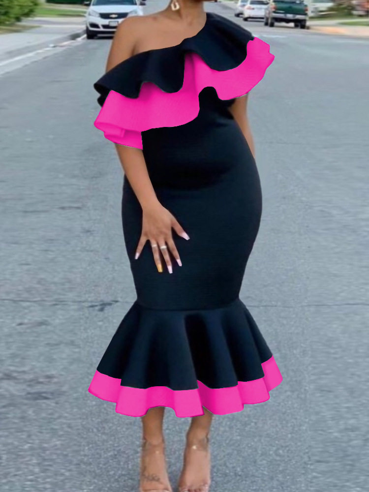 欧美大码单肩露背荷叶边宴会派对鱼尾裙连衣裙女Sexy Party Dress