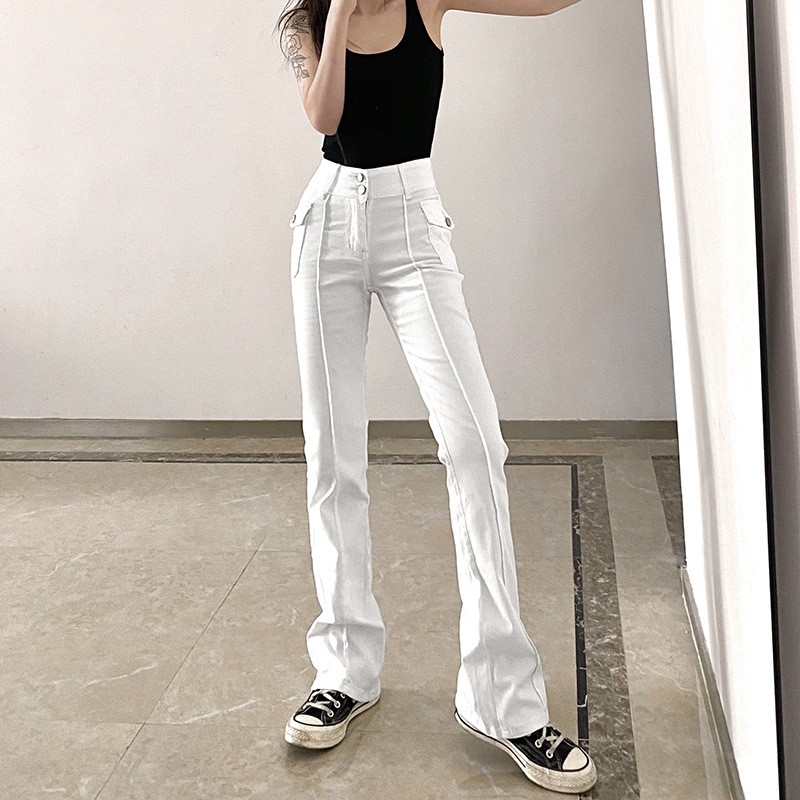 Sexy low-rise retro side pocket woven pants jeans低腰长裤