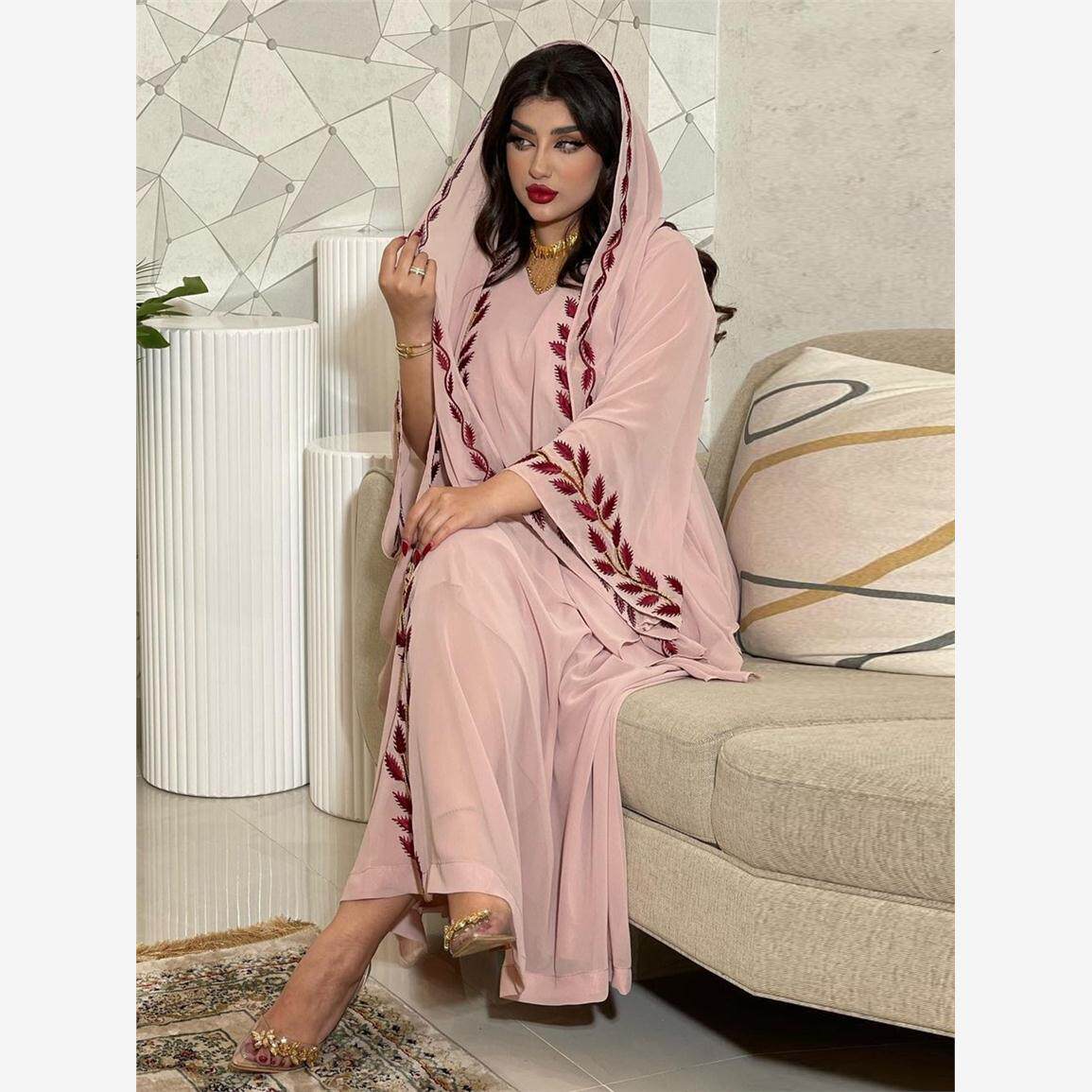 马来西亚印尼刺绣粉色圆领长袍连衣裙Dubai Arabic Long Jalabiya