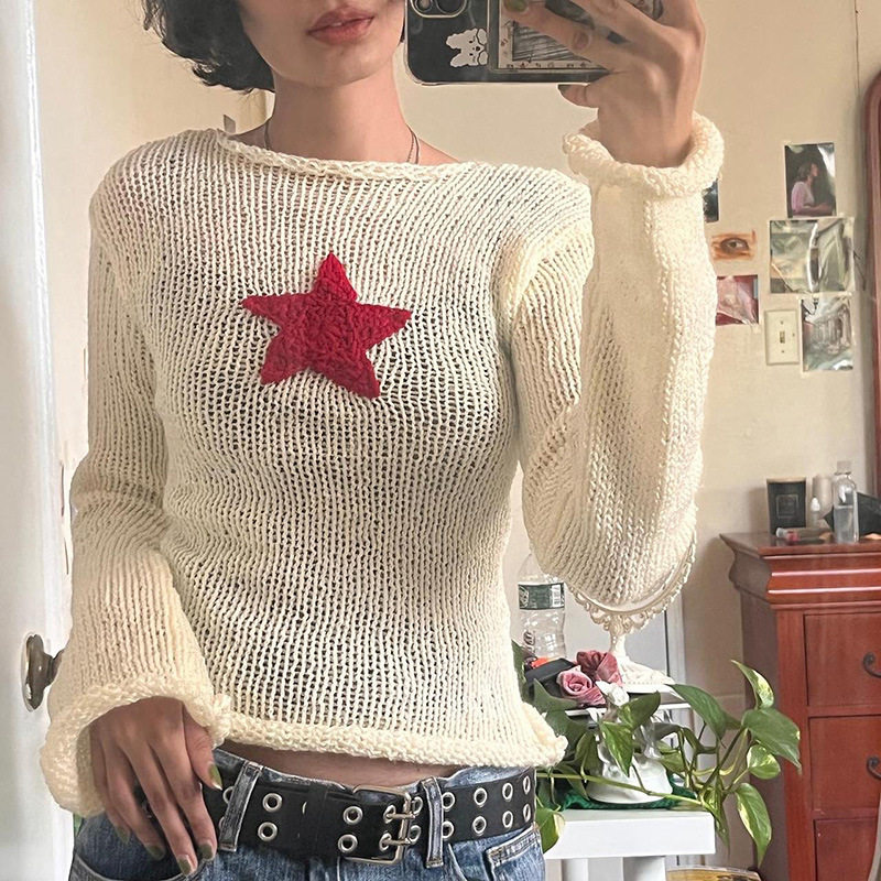 Round neck sexy slightly transparent slim wool top毛织上衣