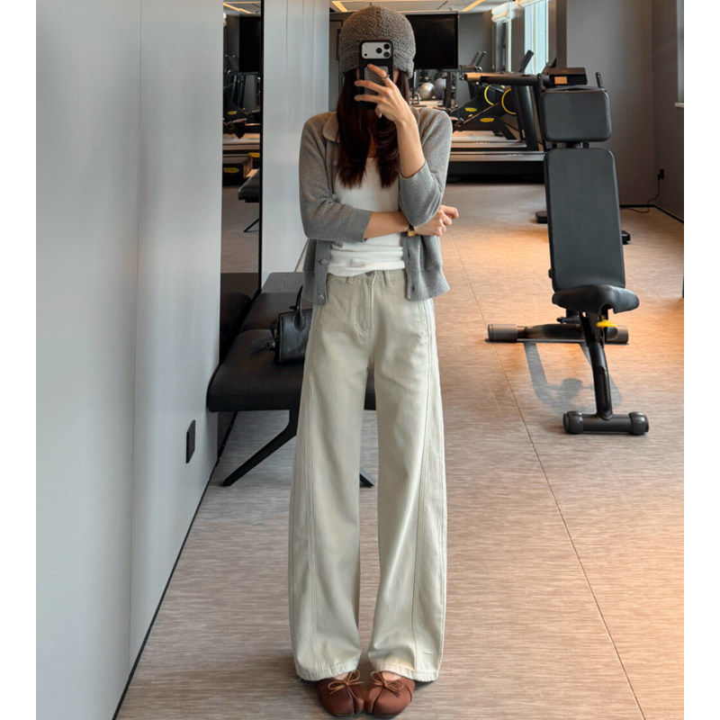 浅色高腰阔腿弯刀牛仔裤女2026新款夏季薄款宽松垂感小个子直筒裤