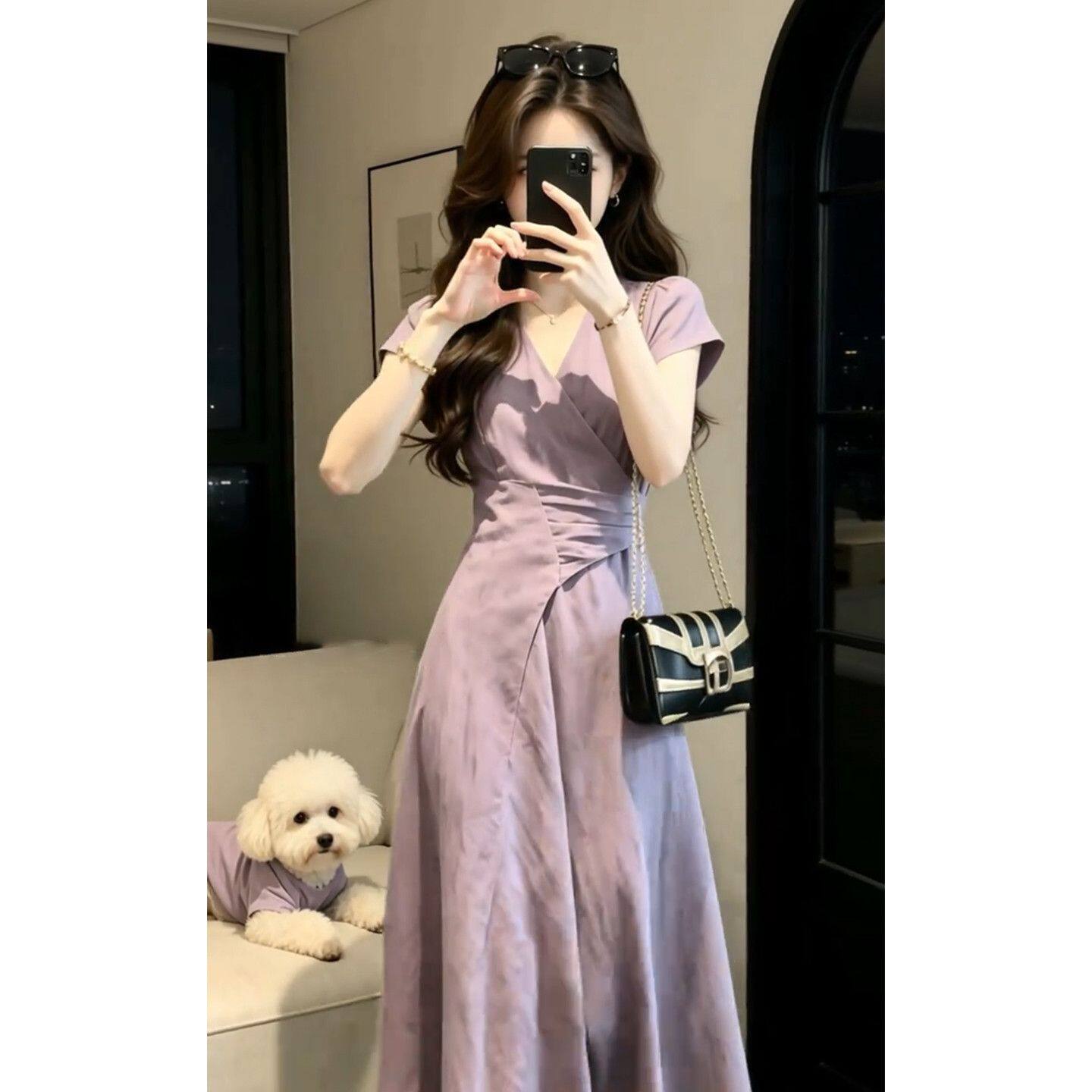 法式绝美紫色短袖连衣裙