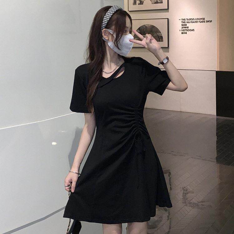 简遇luck品质女装来图来样定制 黑色连衣裙女夏季新款小个子抽绳