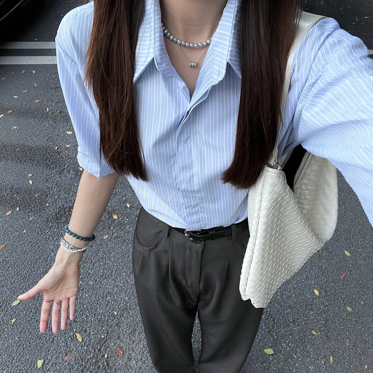 法式蓝色条纹短袖衬衫女2