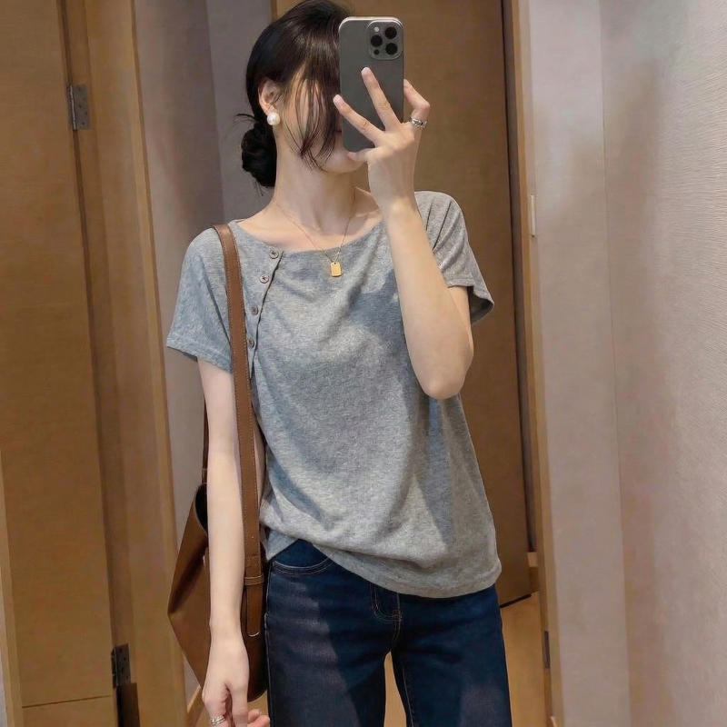 设计感灰色正肩短袖T恤女