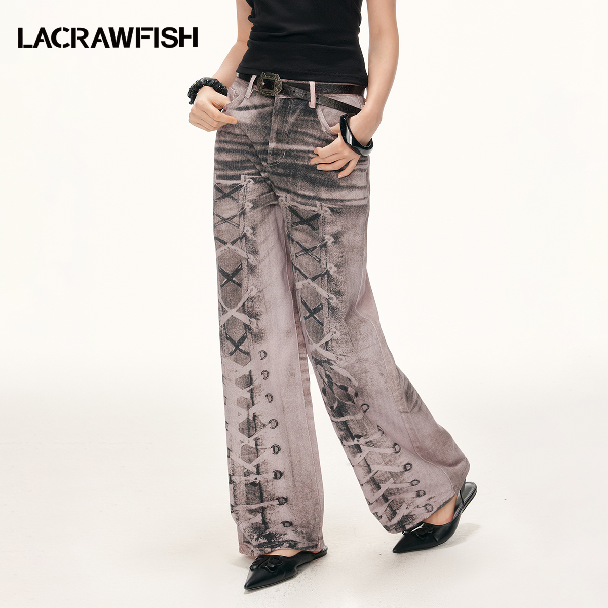 LA CRAWFISH春季新款宽松直筒阔腿裤数码印花复古街头牛仔裤
