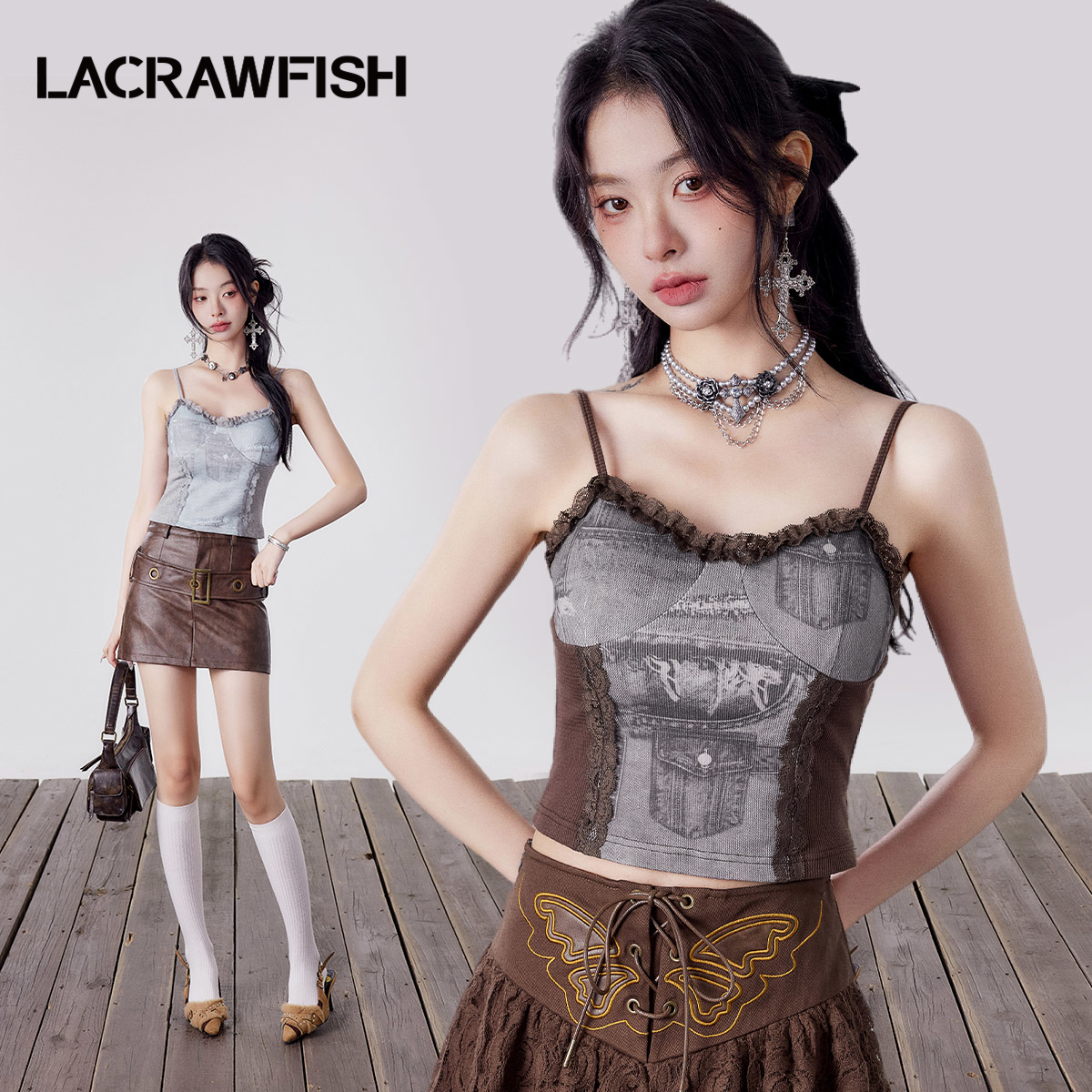 LACRAWFISH蕾丝花边拼接吊带