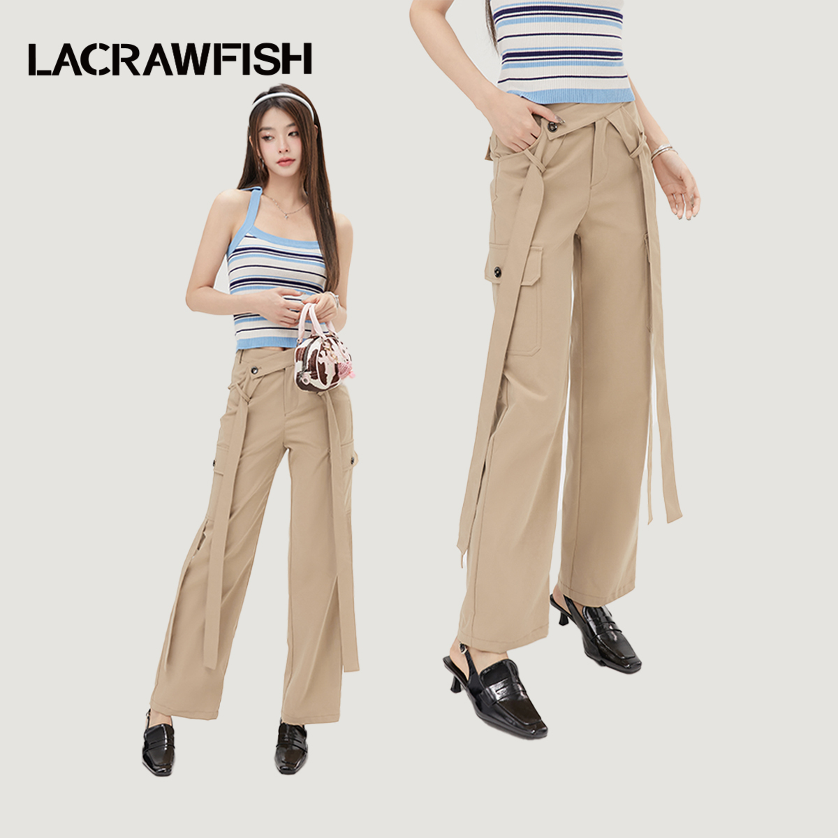 LACRAWFISH阔腿织带工装裤子