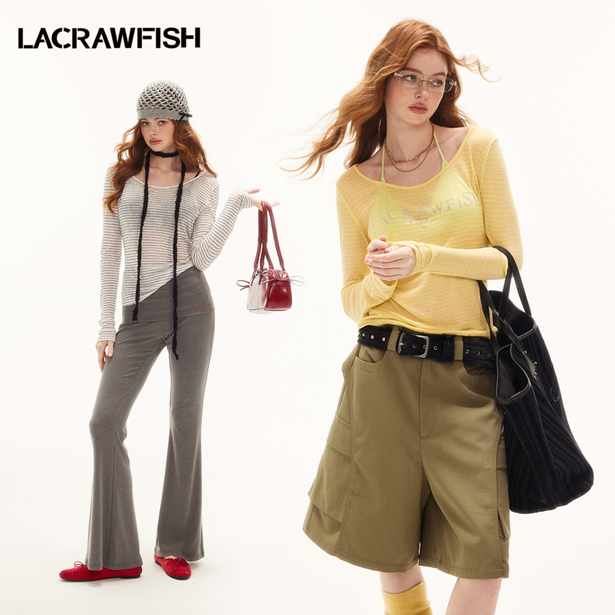 LA CRAWFISH春季新款烫钻条纹薄长袖T恤女纯欲辣妹修身罩衫上衣