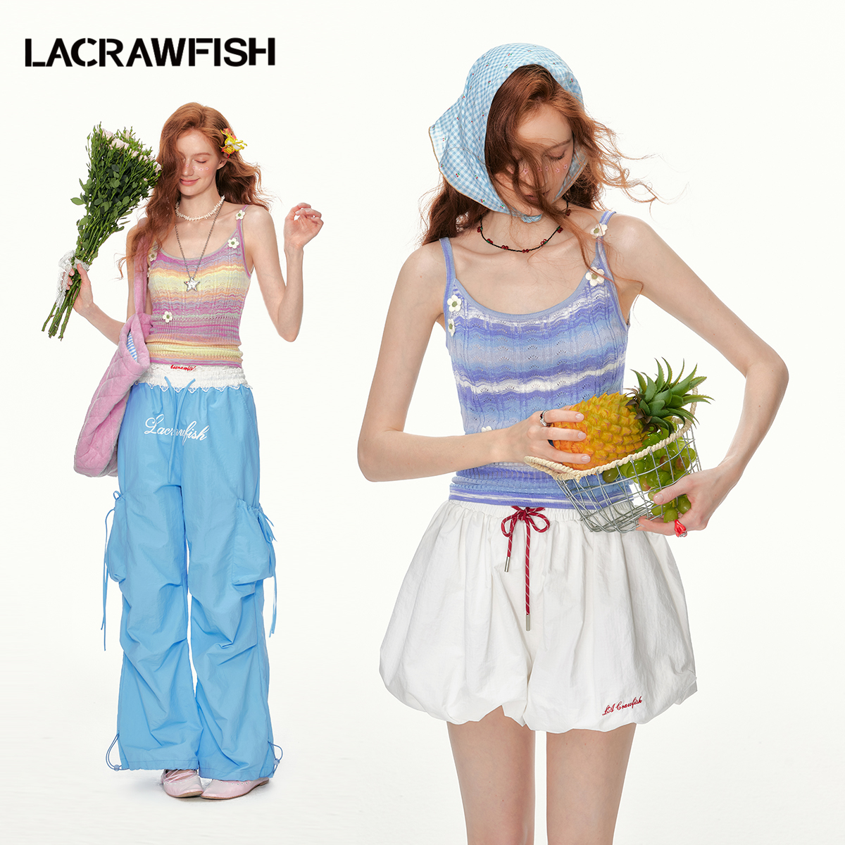 LA CRAWFISH夏季新款甜美多彩渐变手工钉花辣妹吊带背心女