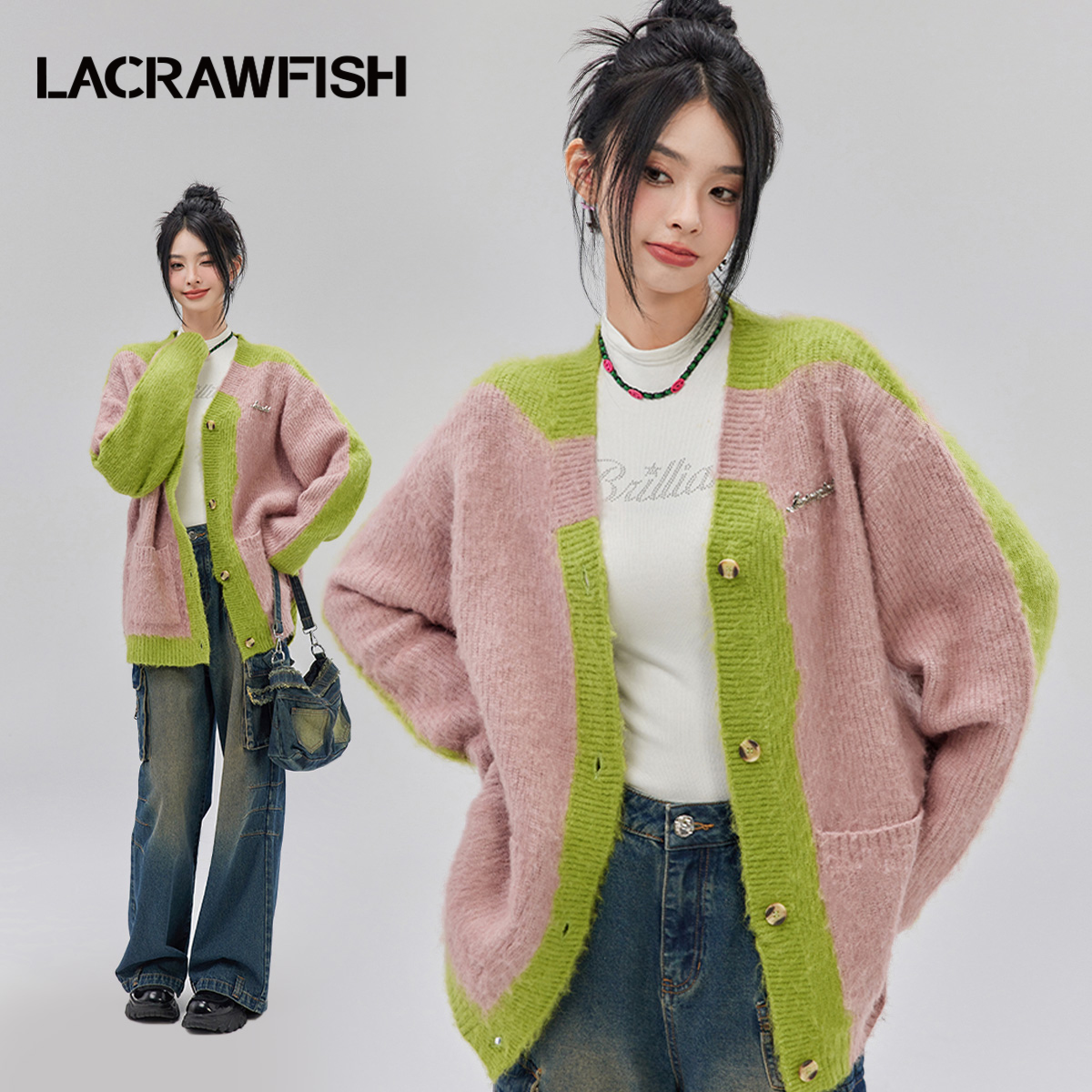 LACRAWFISH复古拼色毛衣开衫