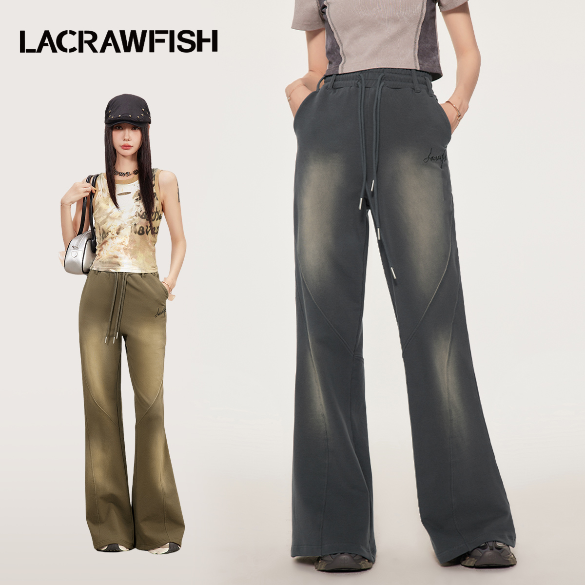 LACRAWFISH喷色双腰绳休闲裤