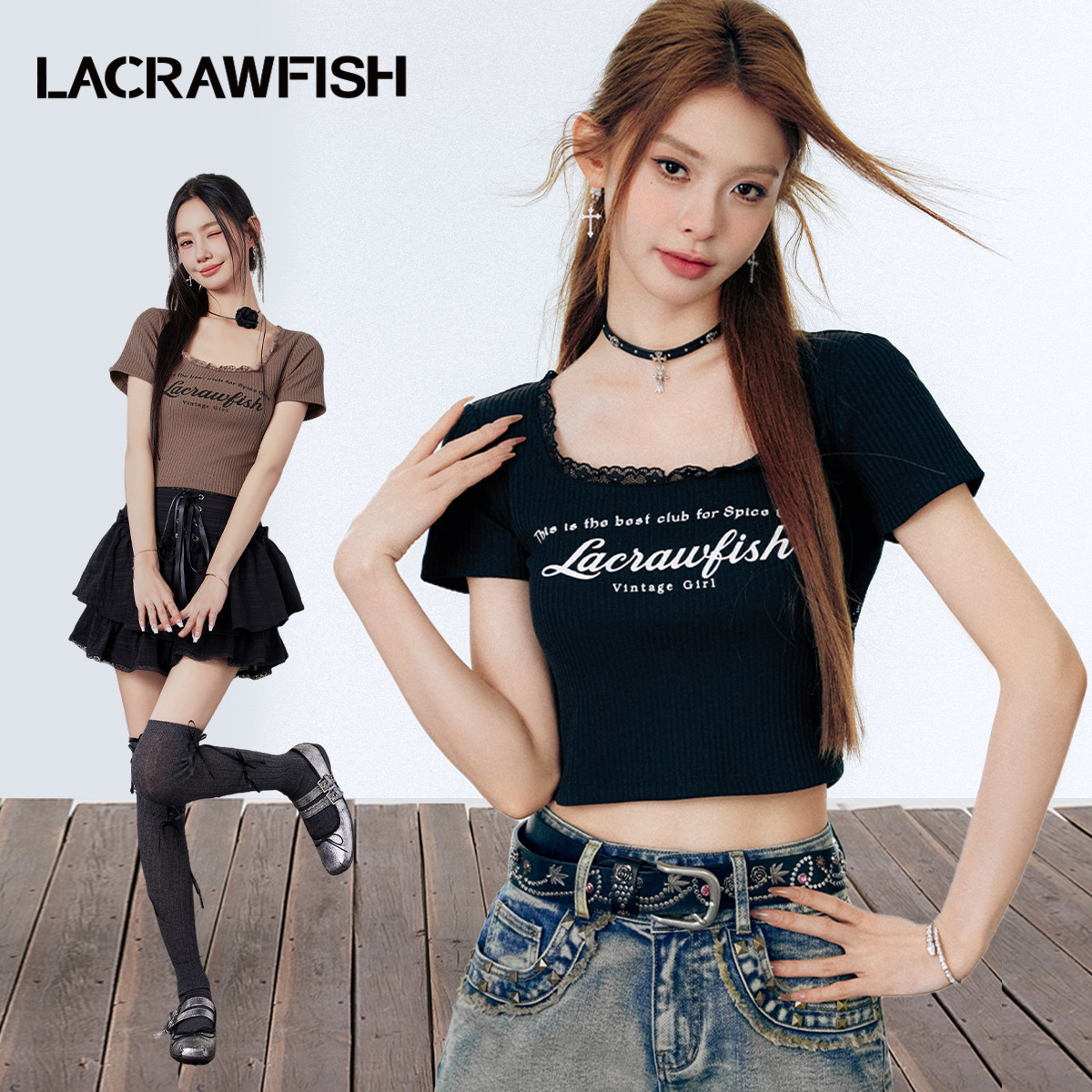 LA CRAWFISH纯欲蕾丝u领后背镂空绑带修身百搭字母印花短袖T恤女