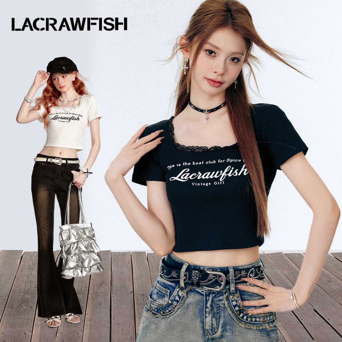 LACRAWFISH蕾丝u领镂空T恤