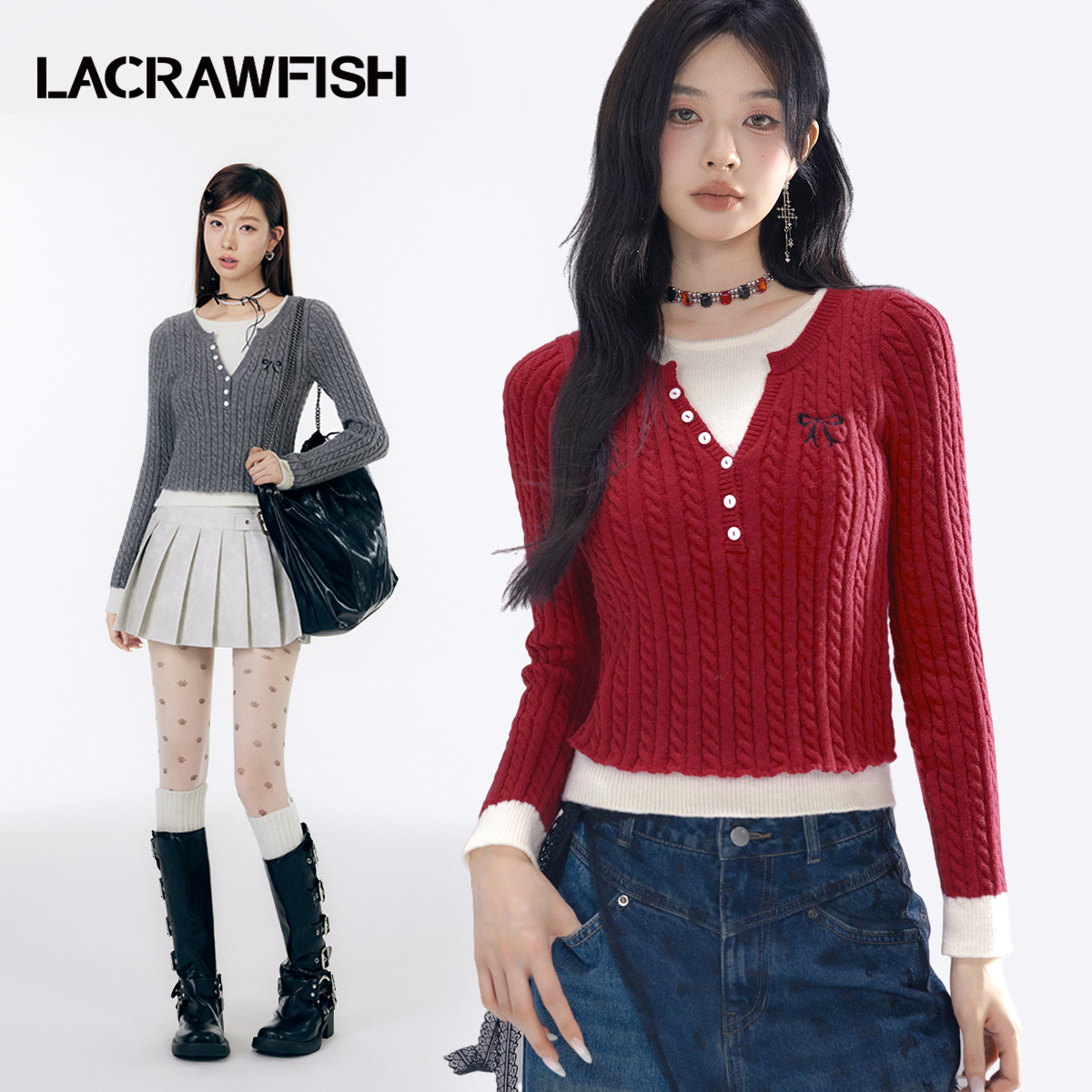 LA CRAWFISH2024冬季新款新派学院风假两件撞色排扣修身麻花毛衣