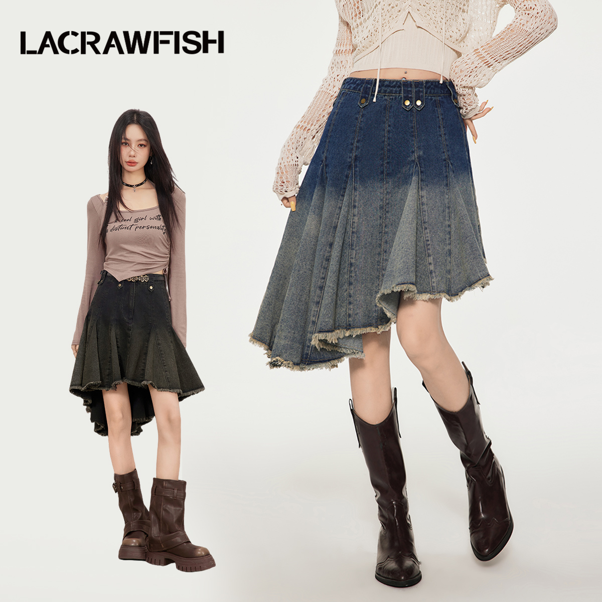 LACRAWFISH不规则百褶牛仔裙