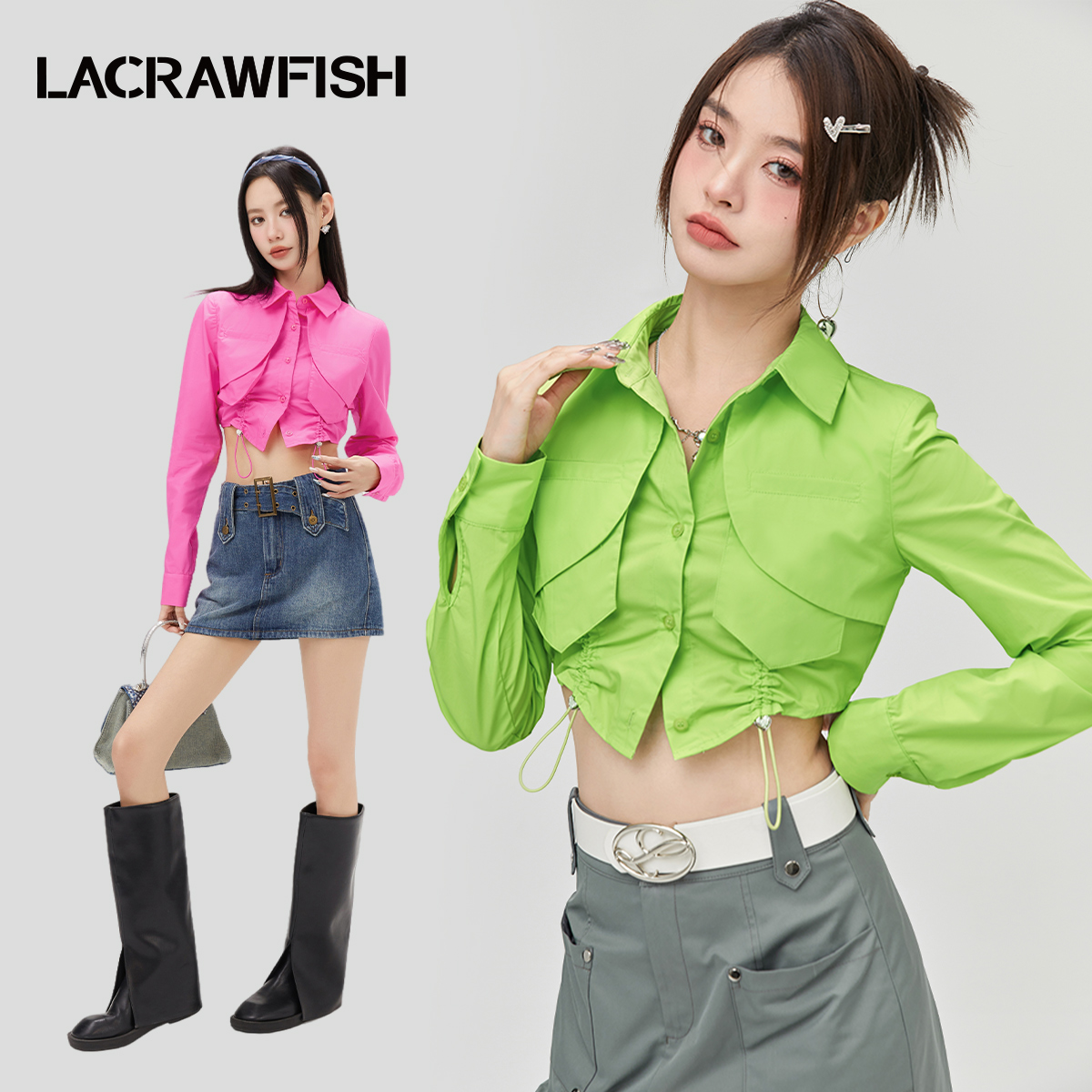 LACRAWFISH学院风露腰短衬衫
