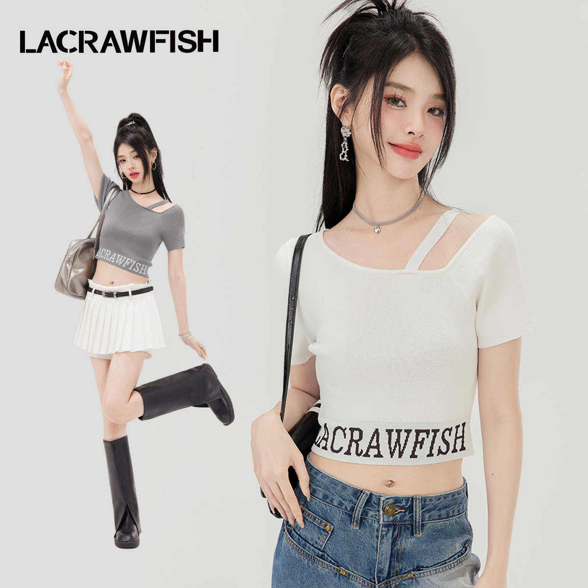 LACRAWFISH单肩带提花针织T恤