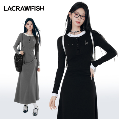 LA CRAWFISH2024冬季新款学院风撞色拼接圆领气质修身长款连衣裙