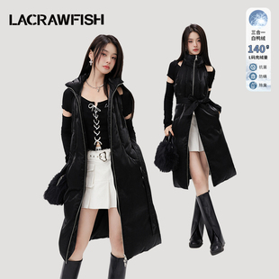 a字绑带收腰白鸭绒羽绒服女 CARWFISH暗黑复古风亮面高领无袖