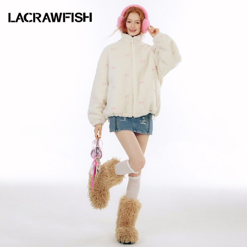 LA CRAWFISH2024冬季新款小清新可爱蝴蝶结绣花夹棉仿羊羔毛外套