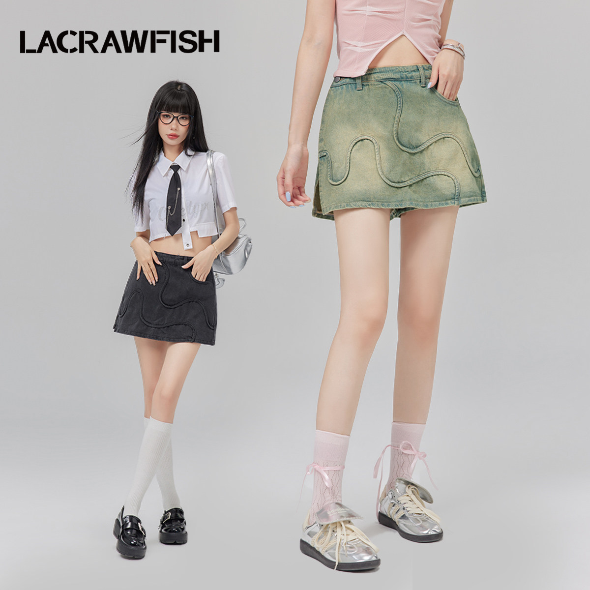 LACRAWFISH波浪线条牛仔短裙