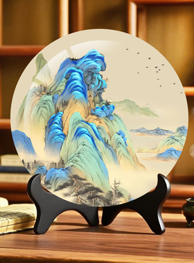 千里江山图装饰品办公室桌面书架摆件新中式工艺品山水画摆盘