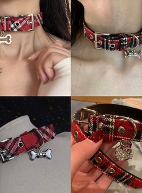 简约红色格子骨头皮带扣颈链2026新款气质设计感小众高级百搭颈链