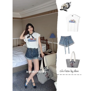 chrisoubydan欧阳丹2025早秋新款系带设计翻边航海logo牛仔短裤