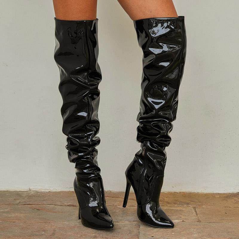 外贸弹力过膝长靴尖头漆皮高筒黑色细跟高跟女皱褶靴Women Boots